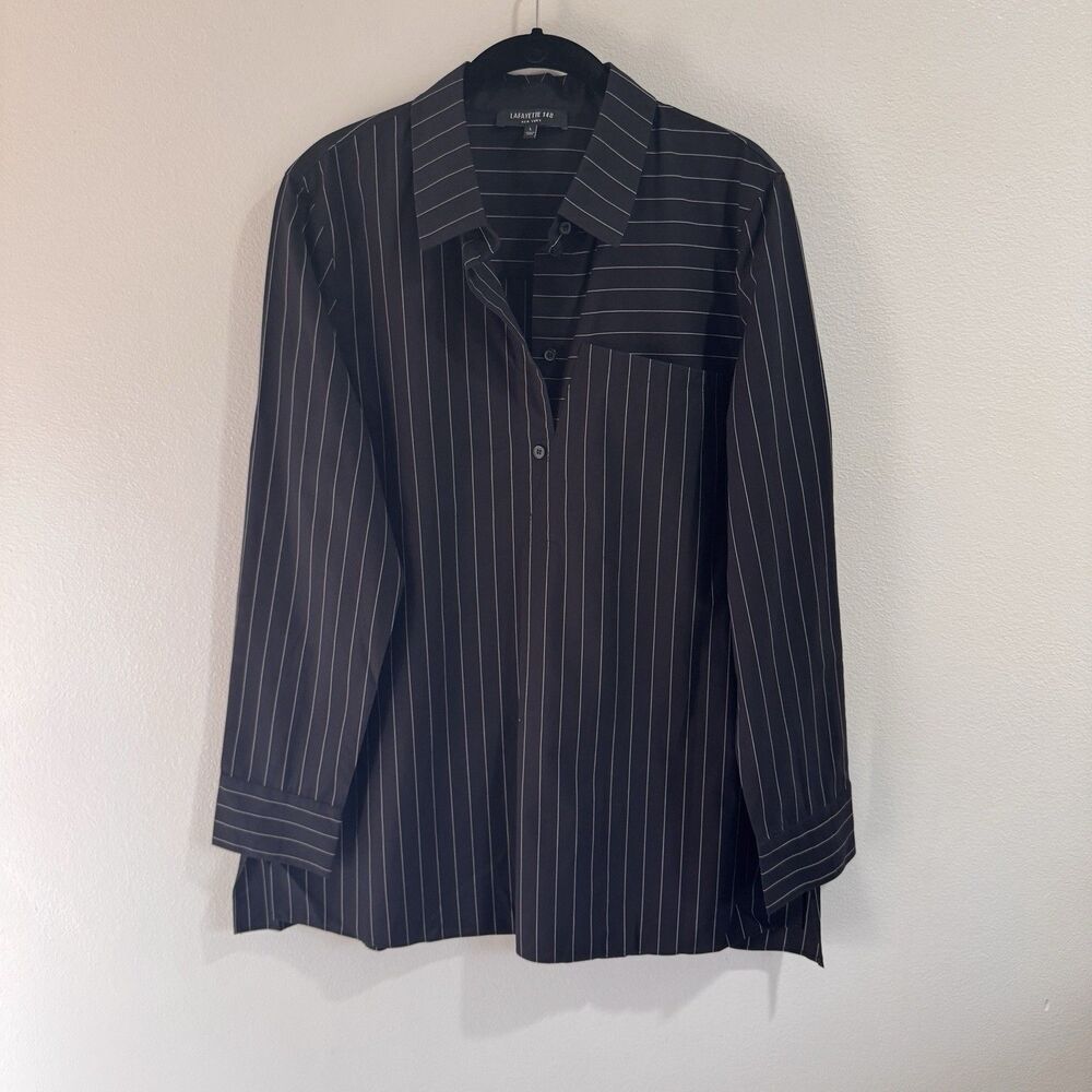 Lafayette 148 New York Shirt Blouse L Black White Pin Stripe Tunic Long Sleeve